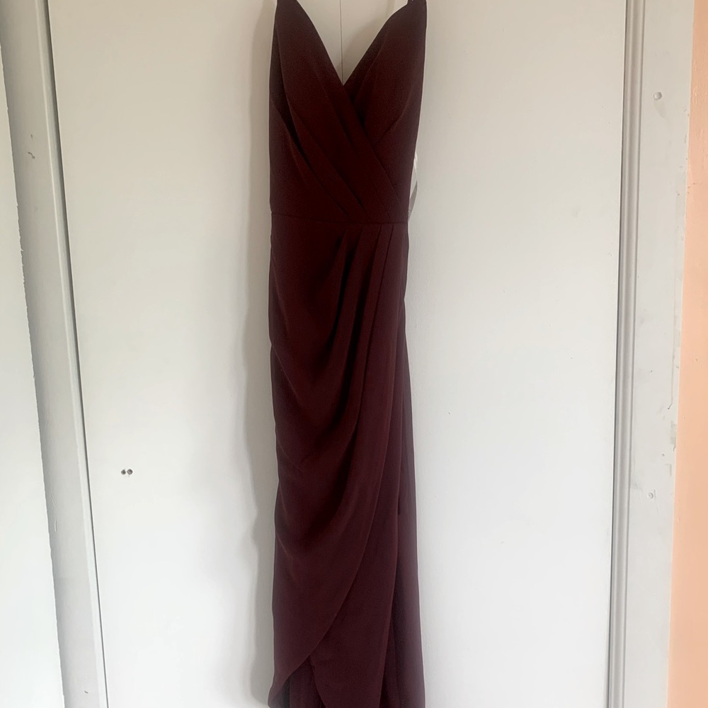 V-neck With Slit Wine Bridesmaid Dress